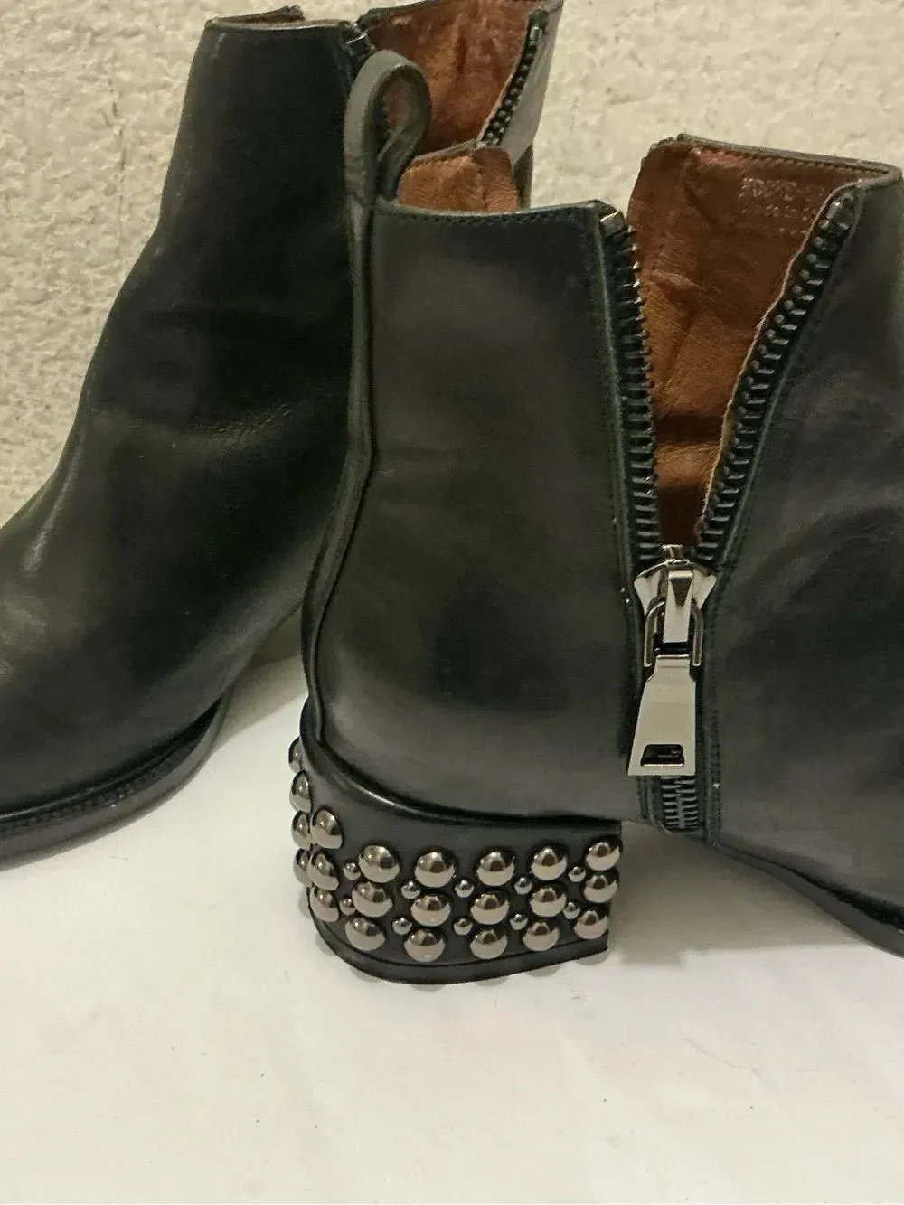 Jeffrey Campbell Black Leather Ankle Boot with Studded Heel double zip